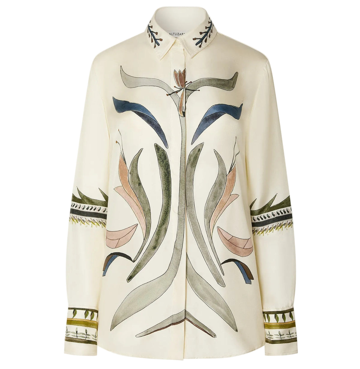 The Chika Top by Altuzarra is a long-sleeved cream blouse adorned with abstract botanical embroidery in earthy tones across the front, collar, sleeves, and cuffs. This relaxed design features a concealed button closure for a seamless finish.