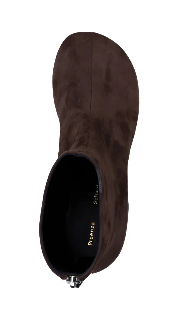 Top view of the Proenza Schouler Glove Suede Boot, featuring brown suede material and a black zipper on the back with a stylish block heel. The interior heel area displays the brand name "Proenza Schouler" in gold lettering.