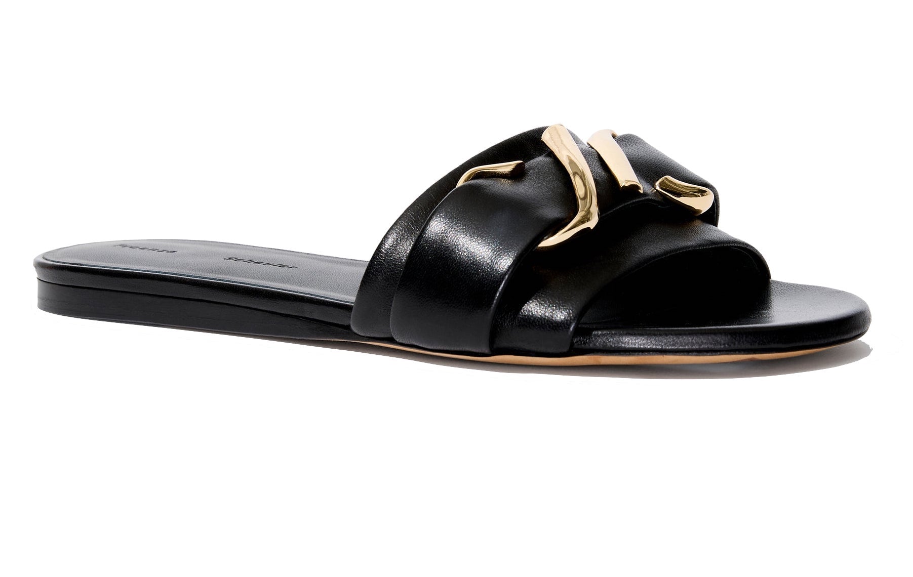 Proenza Schouler Monogram slide sandal with gold-tone hardware, made in Italy.