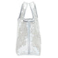 Side view of the 3.1 Phillip Lim Mesh Sequin Mini Market Tote, featuring silver sequin mesh, two handles, and a structured silhouette, shown on a plain white background.