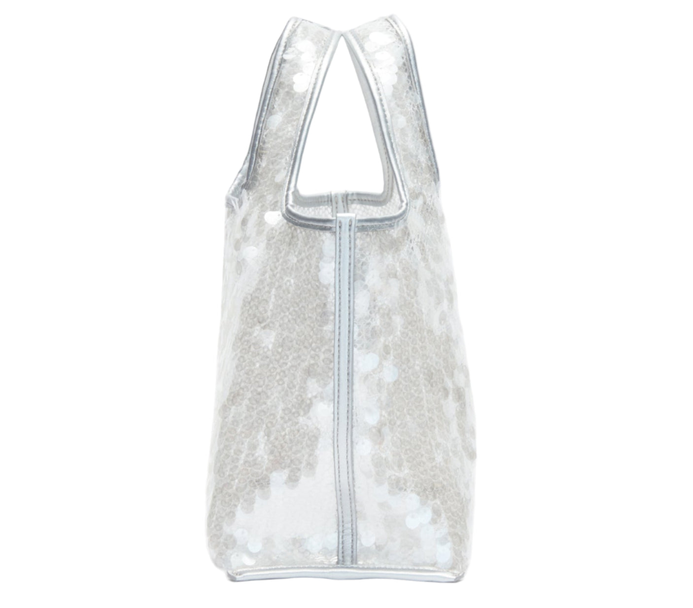 Side view of the 3.1 Phillip Lim Mesh Sequin Mini Market Tote, featuring silver sequin mesh, two handles, and a structured silhouette, shown on a plain white background.