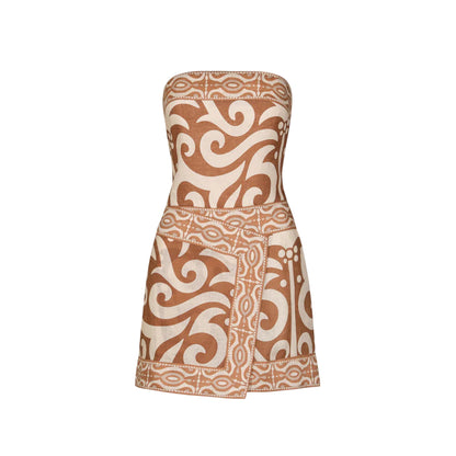 The Raiz Ritual Mini Dress by Johanna Ortiz is a strapless brown and beige linen mini dress, featuring a bold JO print, swirling tribal patterns, and a chic wrap-effect skirt for a fitted look.