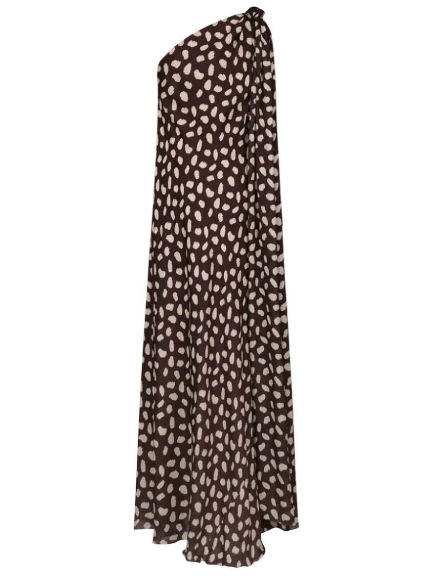 Silk Elegant Freedom Maxi Dress by Johanna Ortiz in brown, featuring a one-shoulder design and white abstract polka dots, displayed on a plain background.