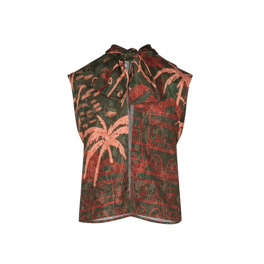The Mystic Shore Top by Johanna Ortiz is a sleeveless, front-zip top with an abstract palm tree and building print in green, brown, and pink, finished with a neckline bow for a chic touch.