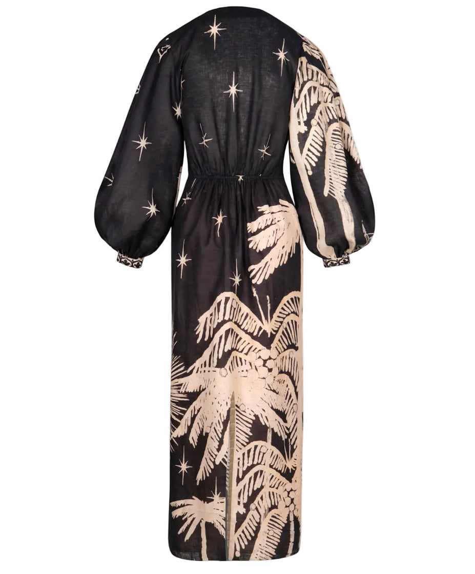 The Pradera Geometrica Ankle Dress by Johanna Ortiz is a long black dress with wide sleeves and a beige palm tree and star print on the back—ideal for resort evenings with its bold, tropical motif.