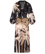 The Pradera Geometrica Ankle Dress by Johanna Ortiz is a long-sleeved black dress with beige palm motifs, a front waist tie, and V-neckline—ideal for chic resort evenings.