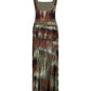 The Pine Green Plant of Joy Ankle Dress by Johanna Ortiz is a sleeveless shiny jersey dress with a square neckline, ruched waist, and a brown, green, and white tie-dye pattern.