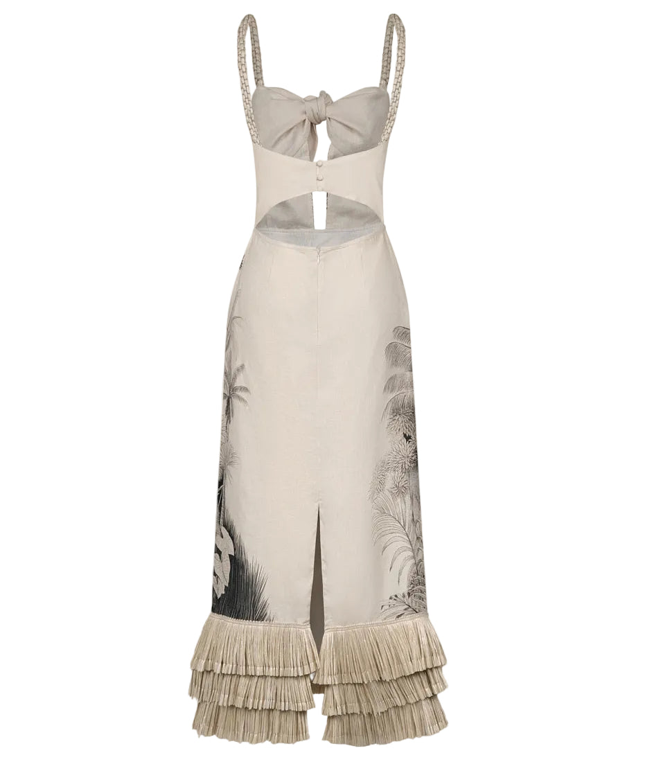 The Invictus Ankle Dress by Johanna Ortiz is a beige sleeveless linen dress with a front cutout, knotted bust, botanical print, and tiered fringed hem.
