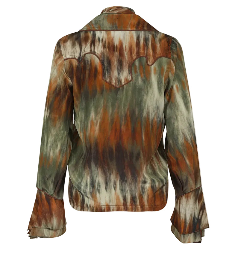 Back view of the Johanna Ortiz Cabalgando Shirt, featuring long sleeves, a green, brown, and orange tie-dye print, classic collar, and flared cuffs—ideal for spring looks.
