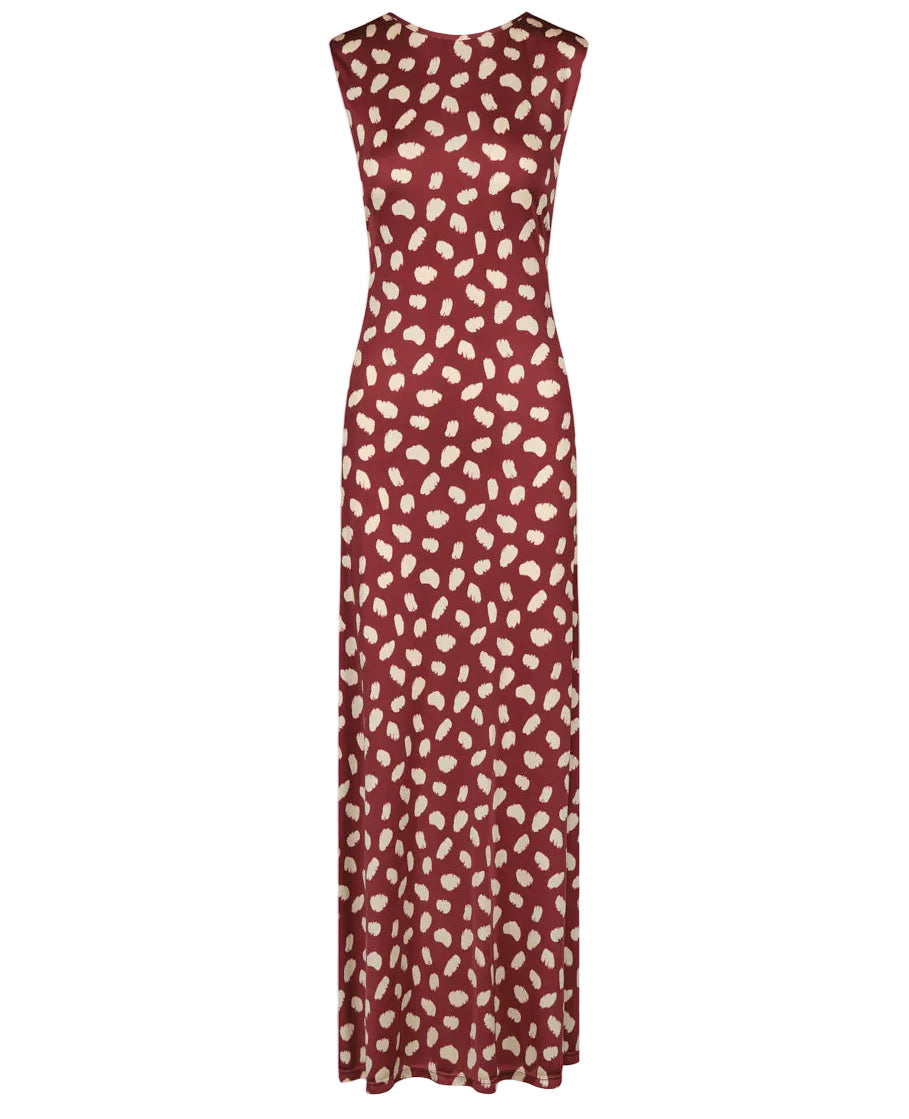 The Johanna Ortiz Horizonte Mistico Ankle Dress is a sleeveless maroon dress with a crew neckline, featuring beige abstract animal print spots.