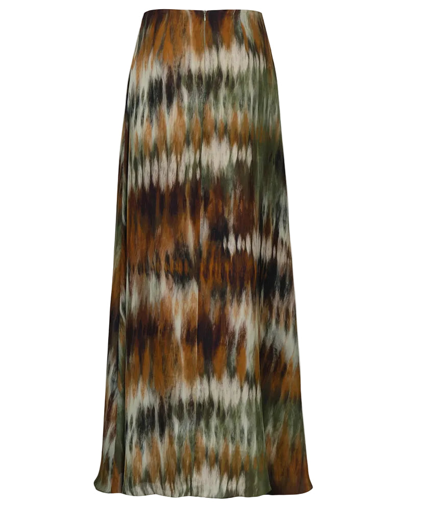 The Johanna Ortiz New Intermingled Ideas Maxi Skirt is a long, high-waisted georgette skirt with a brown, green, and white abstract tie-dye pattern, shown against a white background.