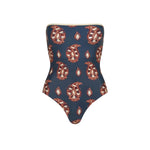 Alta Mar One Piece by Johanna Ortiz, a blue strapless swimsuit with a red and beige paisley pattern, perfect for summer swimwear and shown against a plain white background.