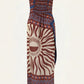 The Johanna Ortiz Paraiso Agreste Ankle Dress features a strapless neckline and geometric sunburst pattern in brown, cream, and blue. With its fitted bodice and straight silhouette, it’s perfect for stylish summer soirées.