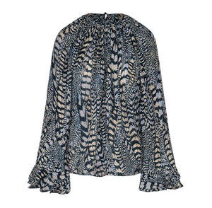 The La Bohemia Top by Johanna Ortiz is a loose-fitting, long-sleeved blouse with an oversized silhouette, crafted from printed double georgette in a black and white abstract feather pattern and finished with a gathered neckline.