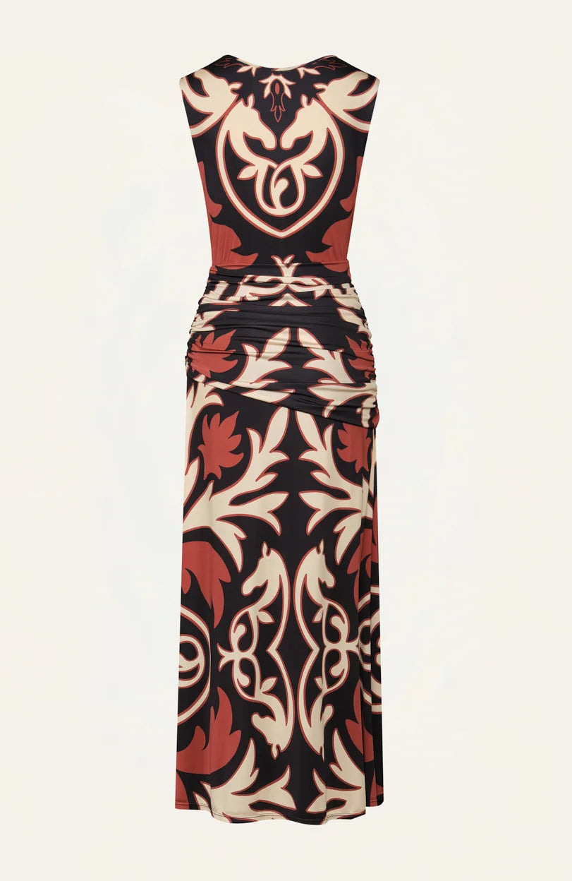 The Horizonte Mistico Midi Dress by Johanna Ortiz is a sleeveless, midi-length piece adorned with a bold abstract pattern in brown, black, and cream. Featuring side ruching around the waist and hips and finished with a straight hem, this dress—shown from the back against a light background—takes inspiration from the Equine Mola Tiles motif for a distinctive look.