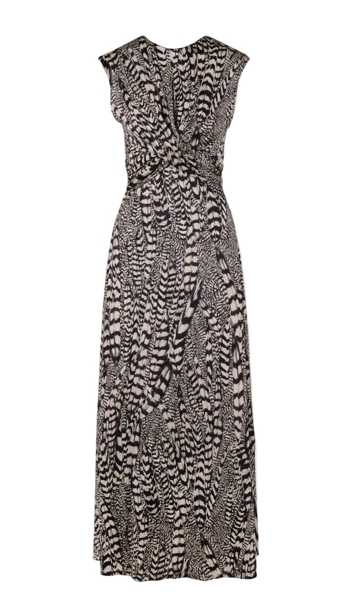 The Silent Rising Dress by Johanna Ortiz is a sleeveless, ankle-length piece showcasing a striking black and white External Feathers motif. It features a gathered twist detail at the waist and a gently flared hem, crafted from soft double-sided jersey for exceptional comfort and fluid drape.
