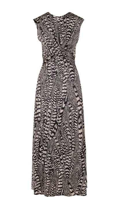 The Silent Rising Dress by Johanna Ortiz is a sleeveless, ankle-length piece showcasing a striking black and white External Feathers motif. It features a gathered twist detail at the waist and a gently flared hem, crafted from soft double-sided jersey for exceptional comfort and fluid drape.