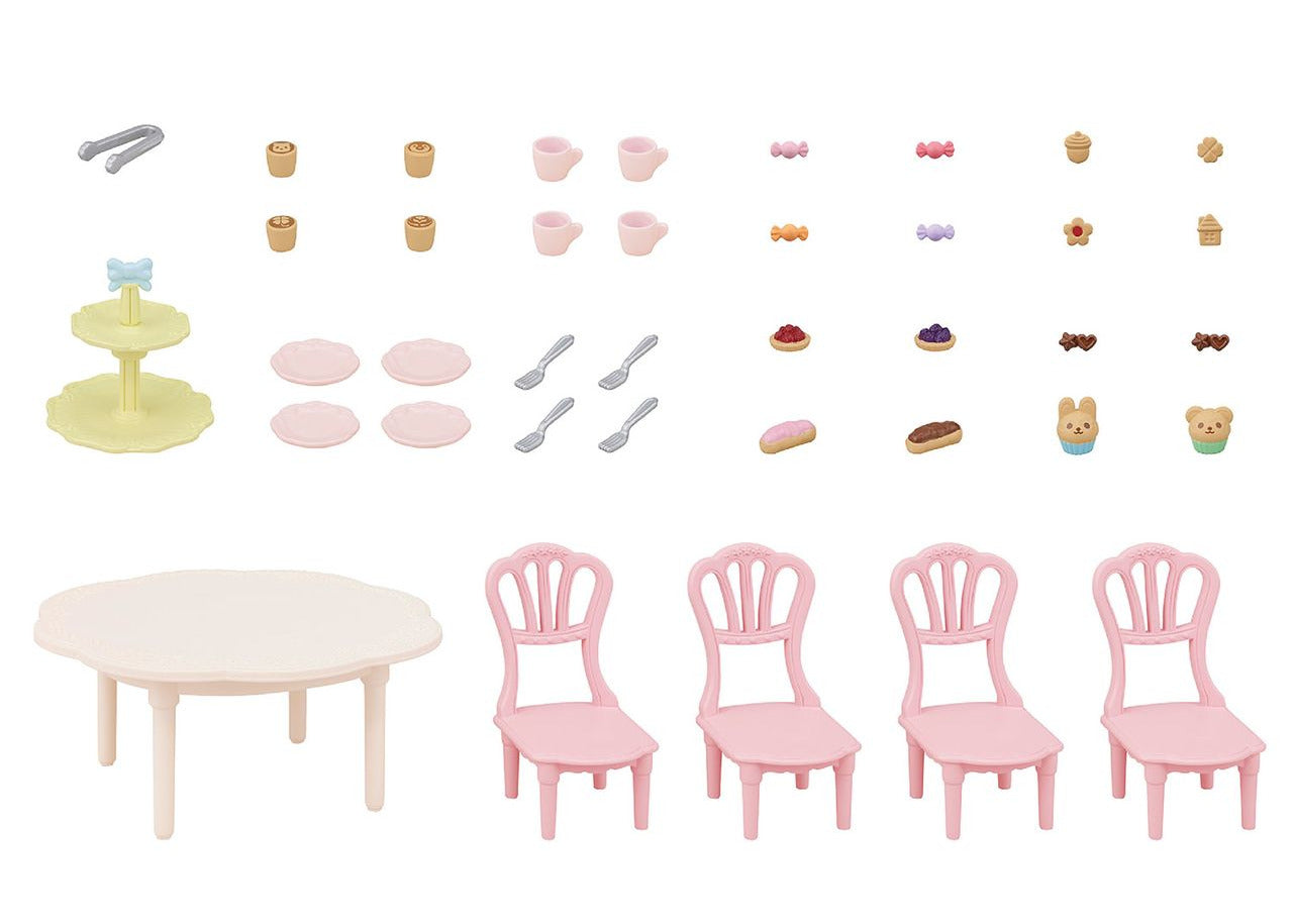 The Calico Critters Sweets Party Set is a charming miniature tea party set that includes a vibrant furniture set with a table and four pink chairs, plus plates, cups, utensils, a tiered tray, and an array of small pastries and treats arranged in rows—perfect for imaginative playtime and enhancing teatime adventures.