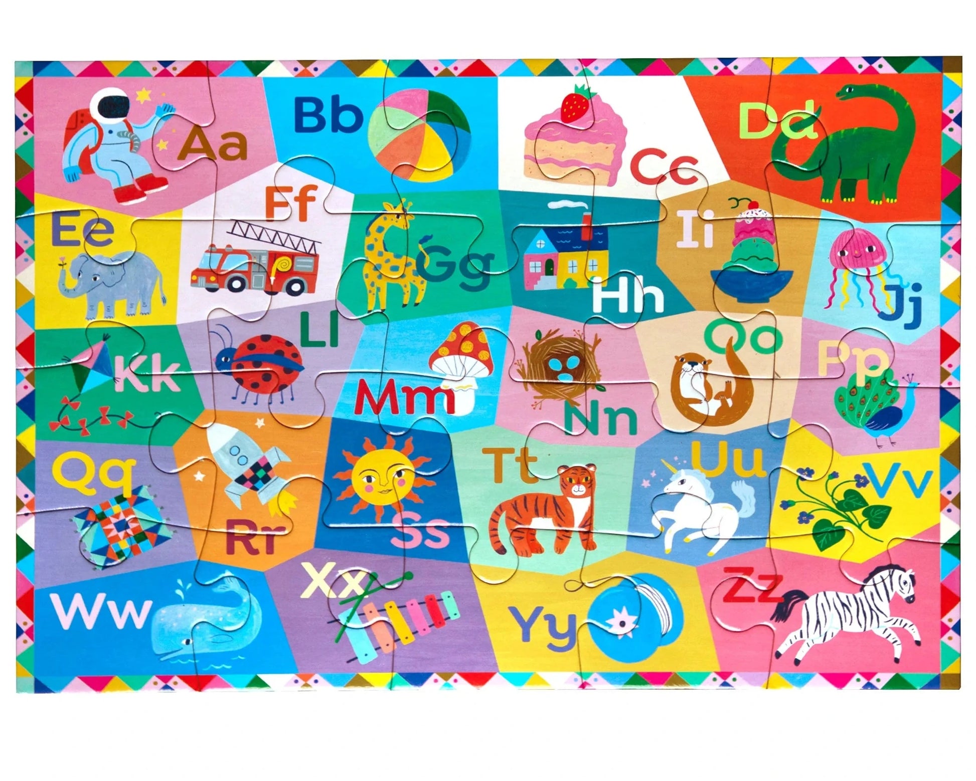 The Eeboo Learn the Alphabet 20 Piece Puzzle features colorful ABCs, each letter paired with a playful animal or object illustration, such as an astronaut for A, fish for F, and zebra for Z.