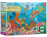 Eeboo's Deep Sea Treasure 20 Piece Puzzle features jumbo pieces for ages 3+, with underwater animals—including snorkeling squirrels—swimming near a treasure chest.