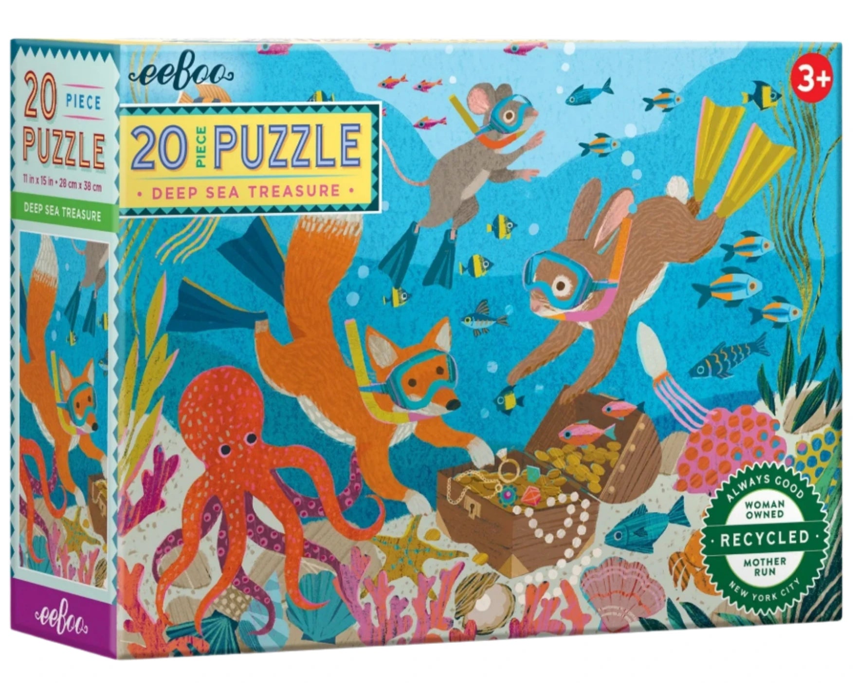 Eeboo's Deep Sea Treasure 20 Piece Puzzle features jumbo pieces for ages 3+, with underwater animals—including snorkeling squirrels—swimming near a treasure chest.