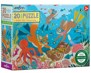 Eeboo's Deep Sea Treasure 20 Piece Puzzle features jumbo pieces for ages 3+, with underwater animals—including snorkeling squirrels—swimming near a treasure chest.
