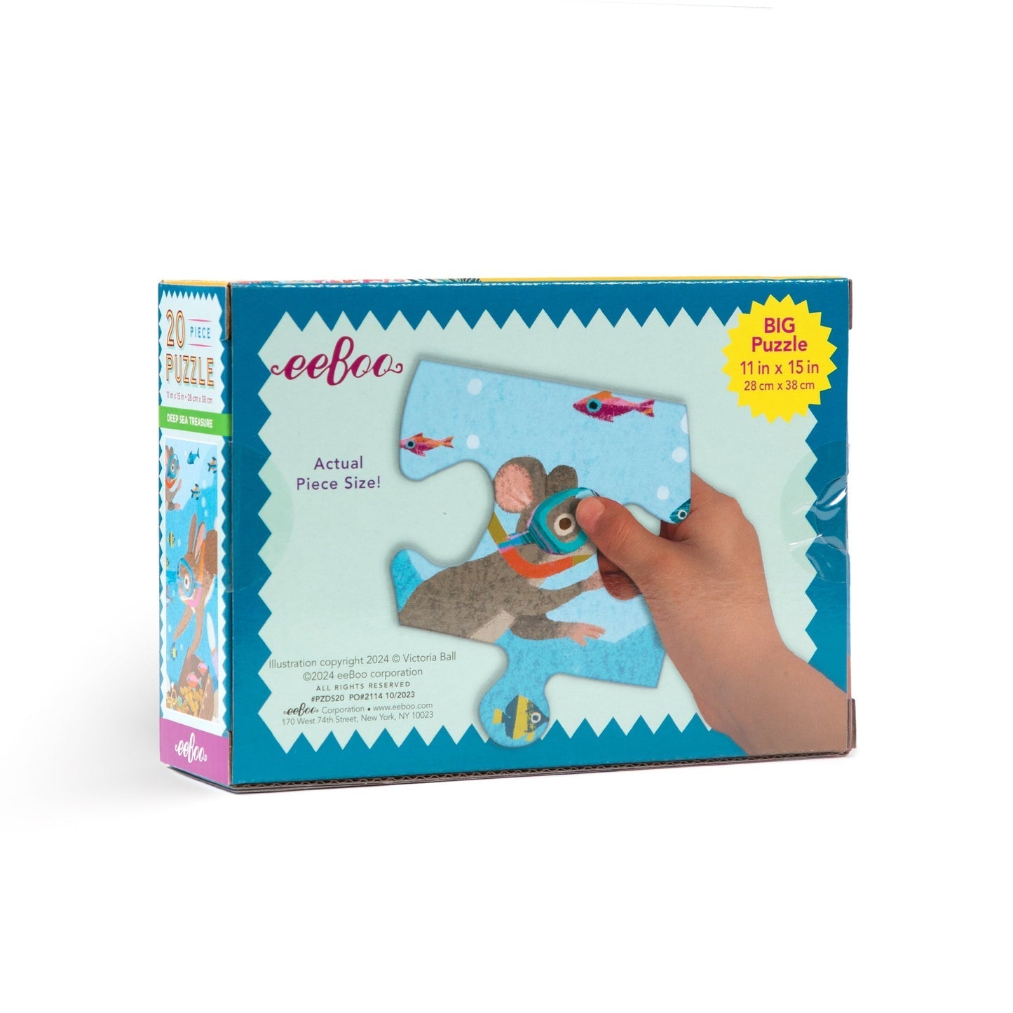 The eeboo Deep Sea Treasure 20 Piece Puzzle by Eeboo showcases an animal-themed illustration, featuring a child's hand grasping a jumbo-sized piece. The description emphasizes the large puzzle size and includes a copyright notice, stating that all materials are sustainably sourced.