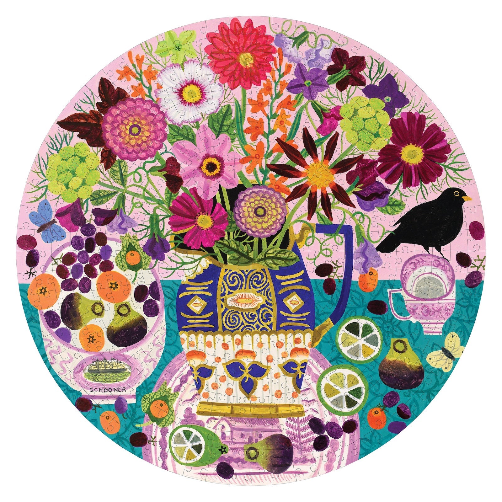 The Eeboo Fruits & Flowers Still Life 500-Piece Round Puzzle showcases a vibrant, floral still life with a vase of flowers, fruit, a bird, and butterflies set against a pink background accented with green, purple, and orange, echoing Vanessa Bowman's distinctive round painting style.
