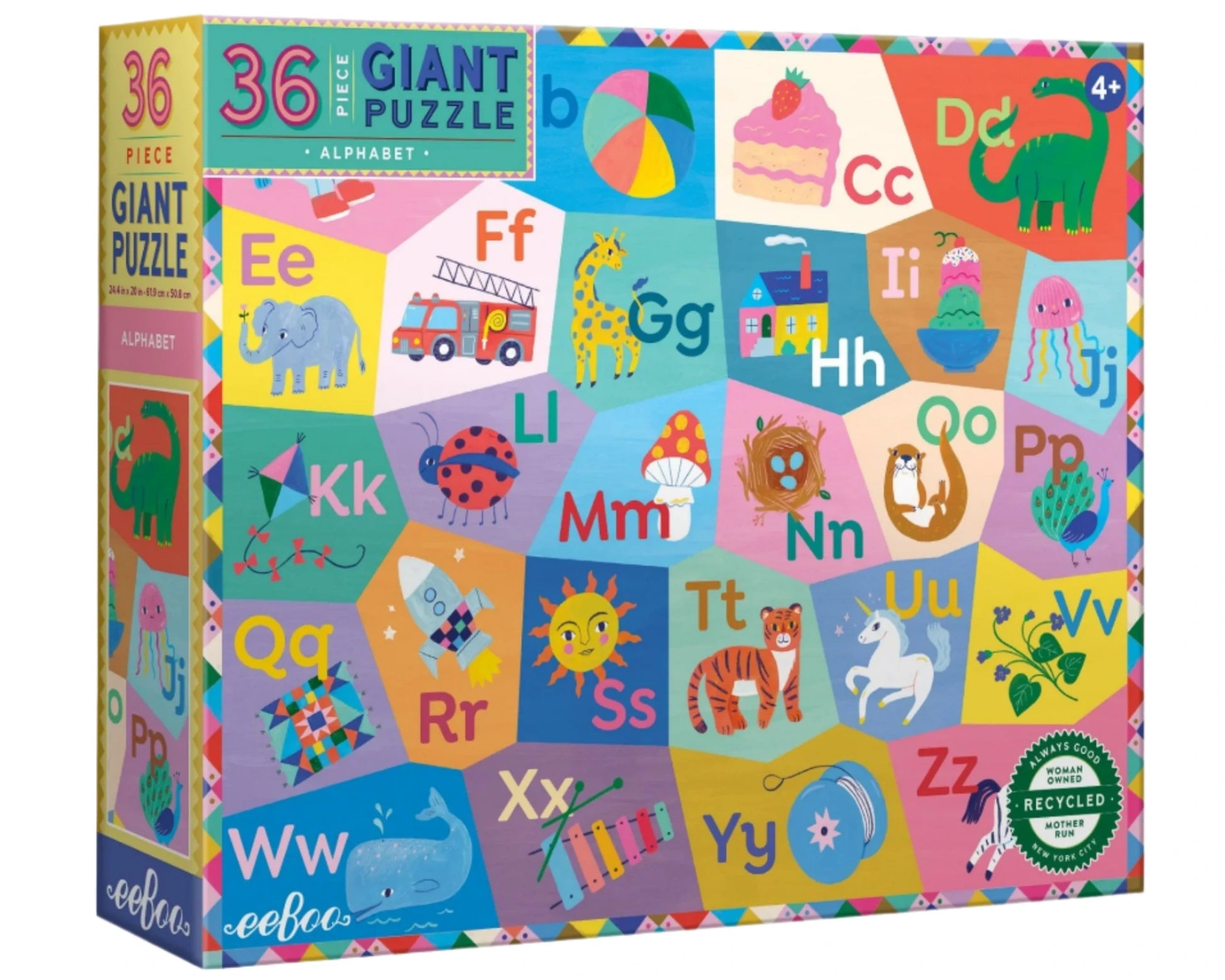The Eeboo Alphabet 36 Piece Giant Puzzle, illustrated by Sarah Walsh, features animals, objects, and all letters A–Z. This colorful puzzle is perfect for ages 4+ and comes in a vibrant box.