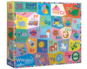 The Eeboo Alphabet 36 Piece Giant Puzzle, illustrated by Sarah Walsh, features animals, objects, and all letters A–Z. This colorful puzzle is perfect for ages 4+ and comes in a vibrant box.
