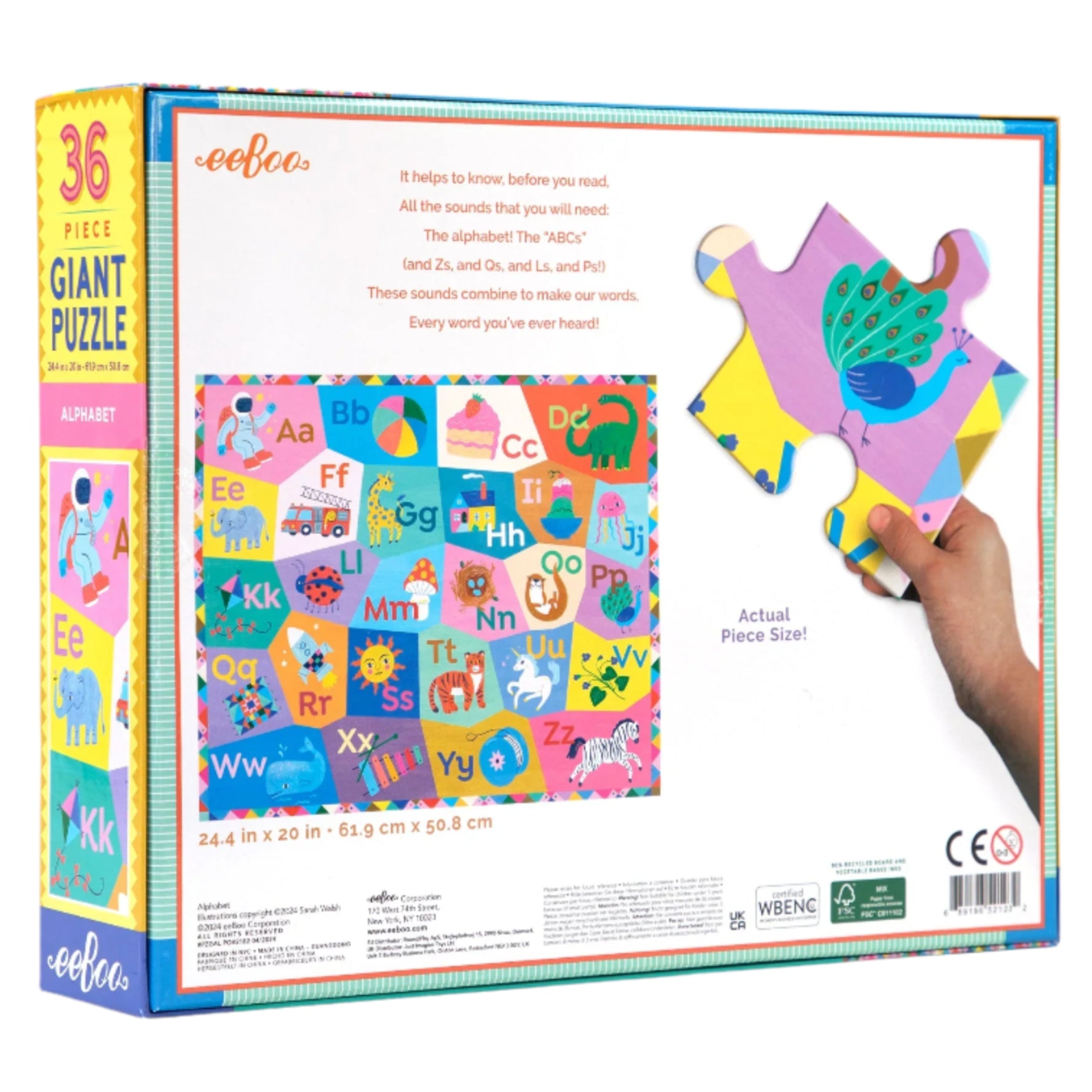 Back of Eeboo's Alphabet 36 Piece Giant Puzzle box displays a vibrant finished puzzle with illustrated alphabet tiles and animals by Sarah Walsh, plus a hand holding a large piece for size reference.