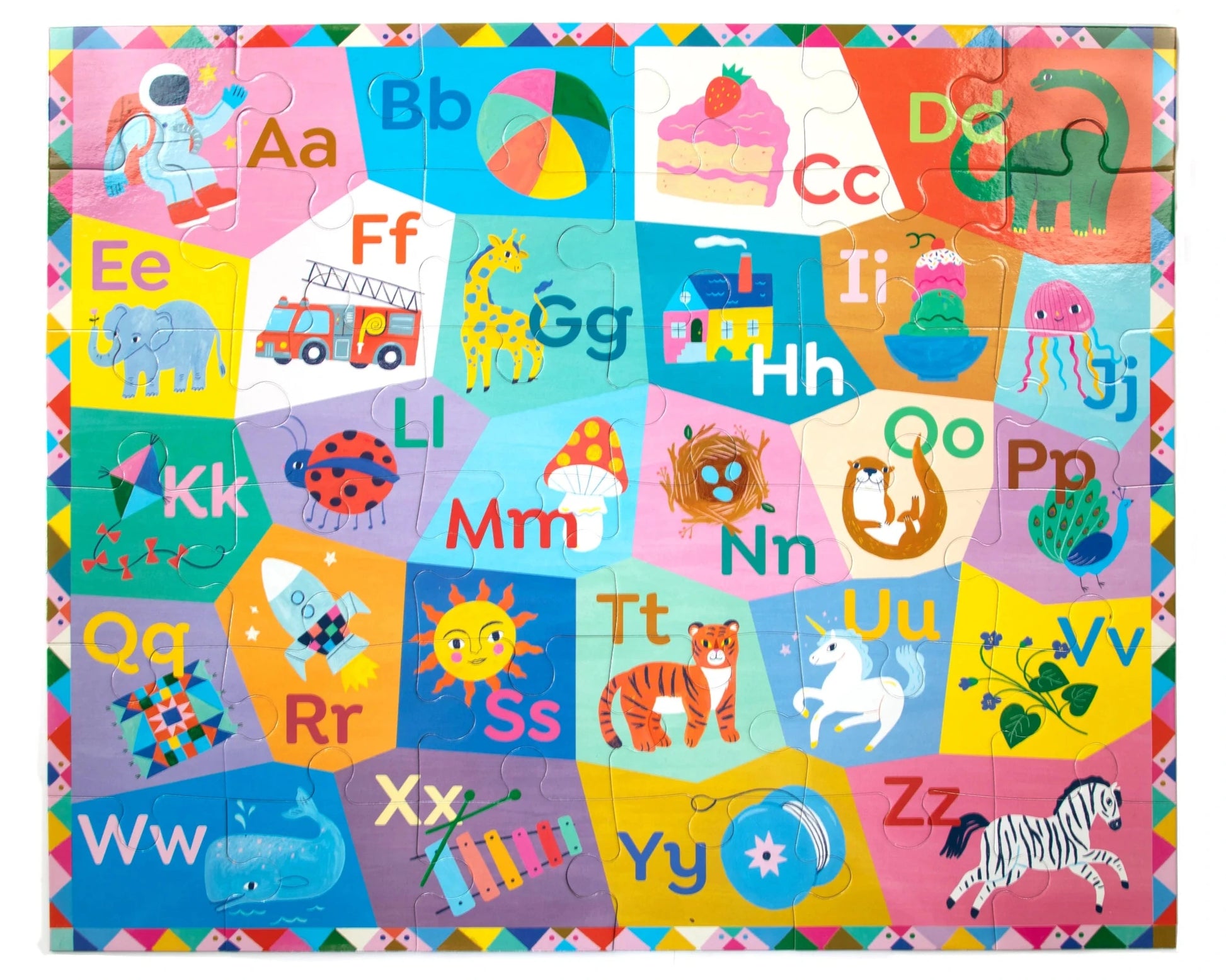 Eeboo’s Alphabet 36 Piece Giant Puzzle, illustrated by Sarah Walsh, features each letter matched with a charming object or animal—such as an apple for A and zebra for Z—making it a classic kids will adore.