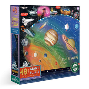 The Eeboo Solar System and Beyond 48-Piece Giant Puzzle is a rectangular educational jigsaw set featuring vibrant illustrations of planets, spacecraft, and fascinating facts about the solar system. Designed for young explorers ages 4 and up, this engaging puzzle introduces children to the wonders of space exploration.
