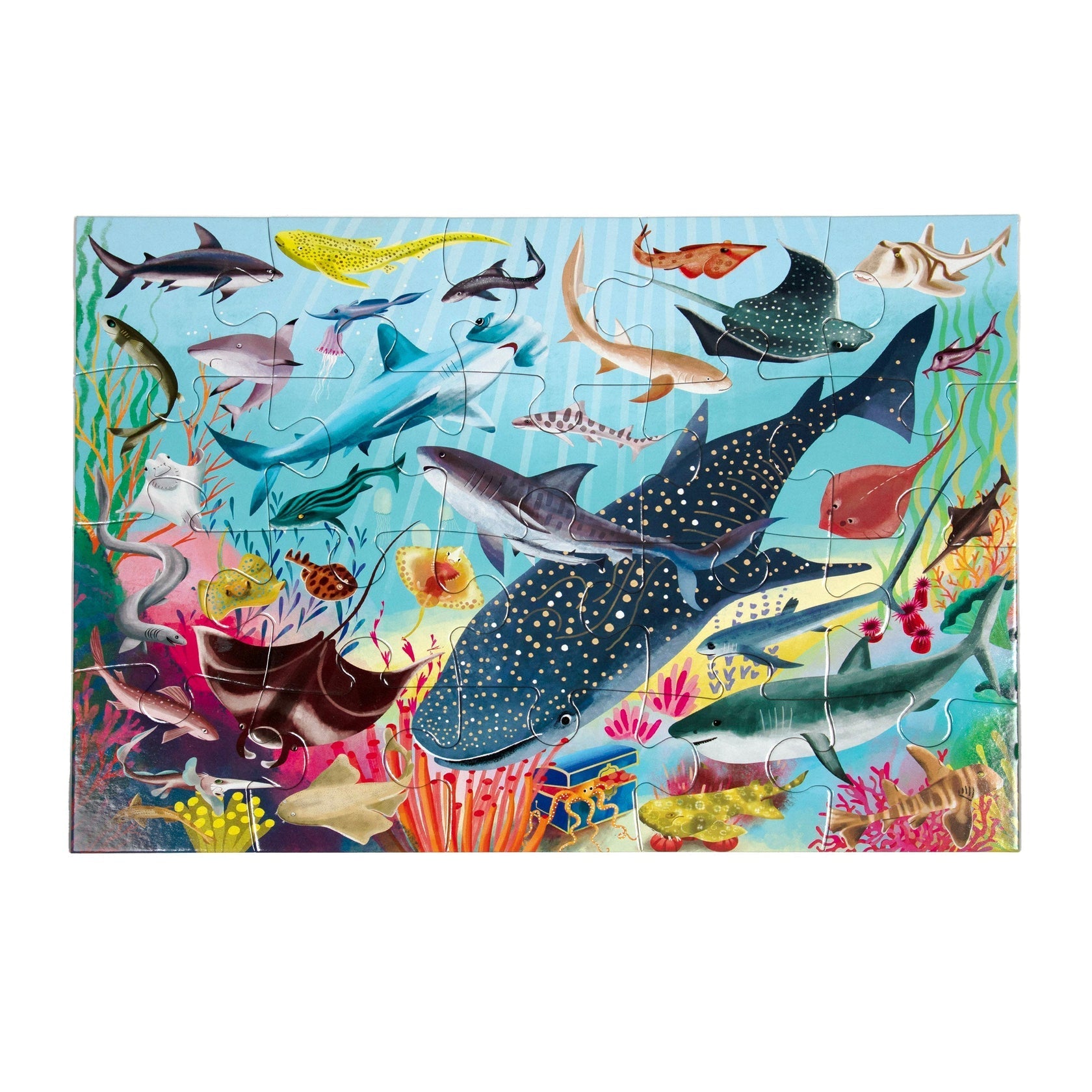 Introduce your preschooler to an engaging and colorful underwater adventure with the Eeboo Sharks & Friends 20pc Puzzle. Featuring marine animals such as sharks, rays, and fish set against a lively coral reef backdrop, this educational jigsaw puzzle by Eeboo is perfect for young explorers eager to discover the wonders of the sea while enjoying a fun learning experience.