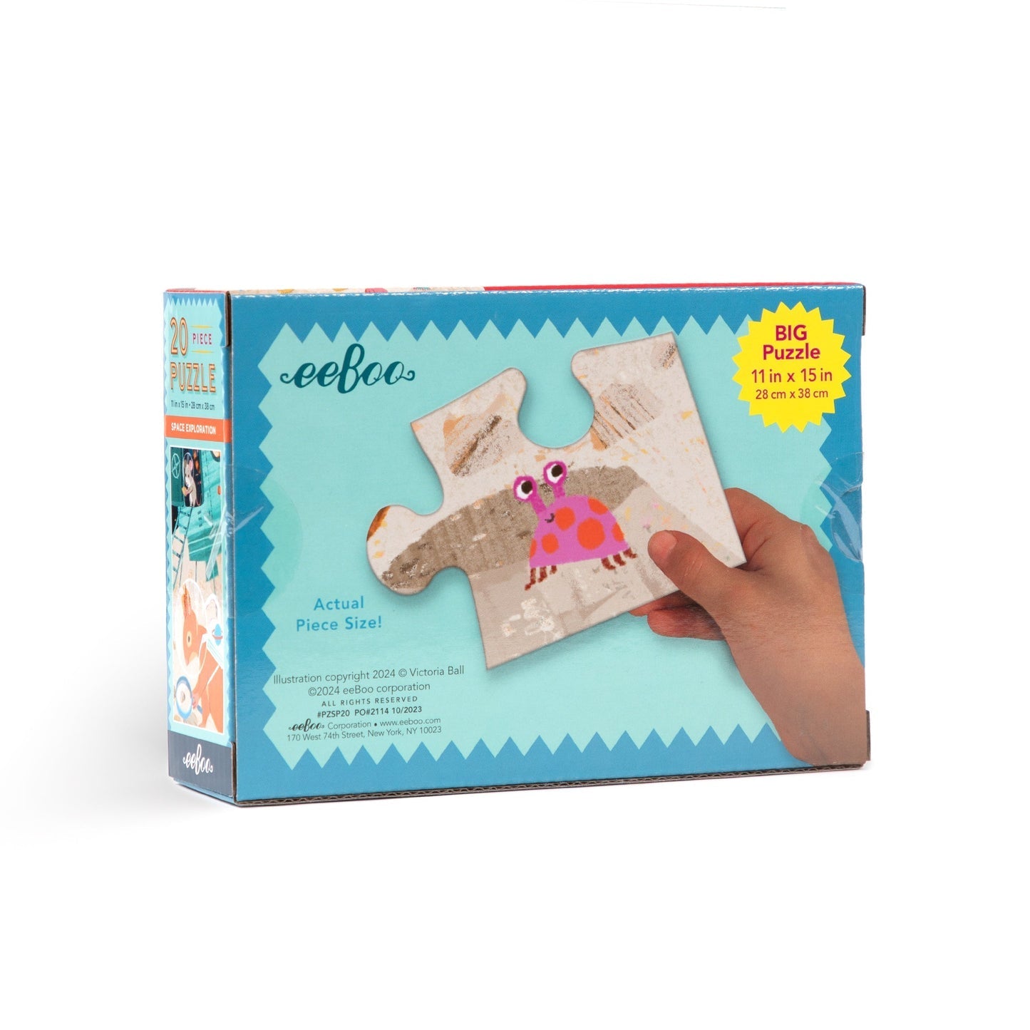 A large box from Eeboo shows an image of a child holding a puzzle piece featuring a pink pig, perfectly sized at 11 x 15 inches and containing 20 pieces. The eeboo Space Exploration puzzle offers young children a delightful introduction to their favorite animals.