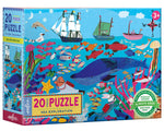 The Eeboo "Sea Exploration 20 Piece Big Puzzle" is designed for ages 3+ and features vibrant marine life, a big whale, fish, coral reefs, and a sailing ship above the ocean.
