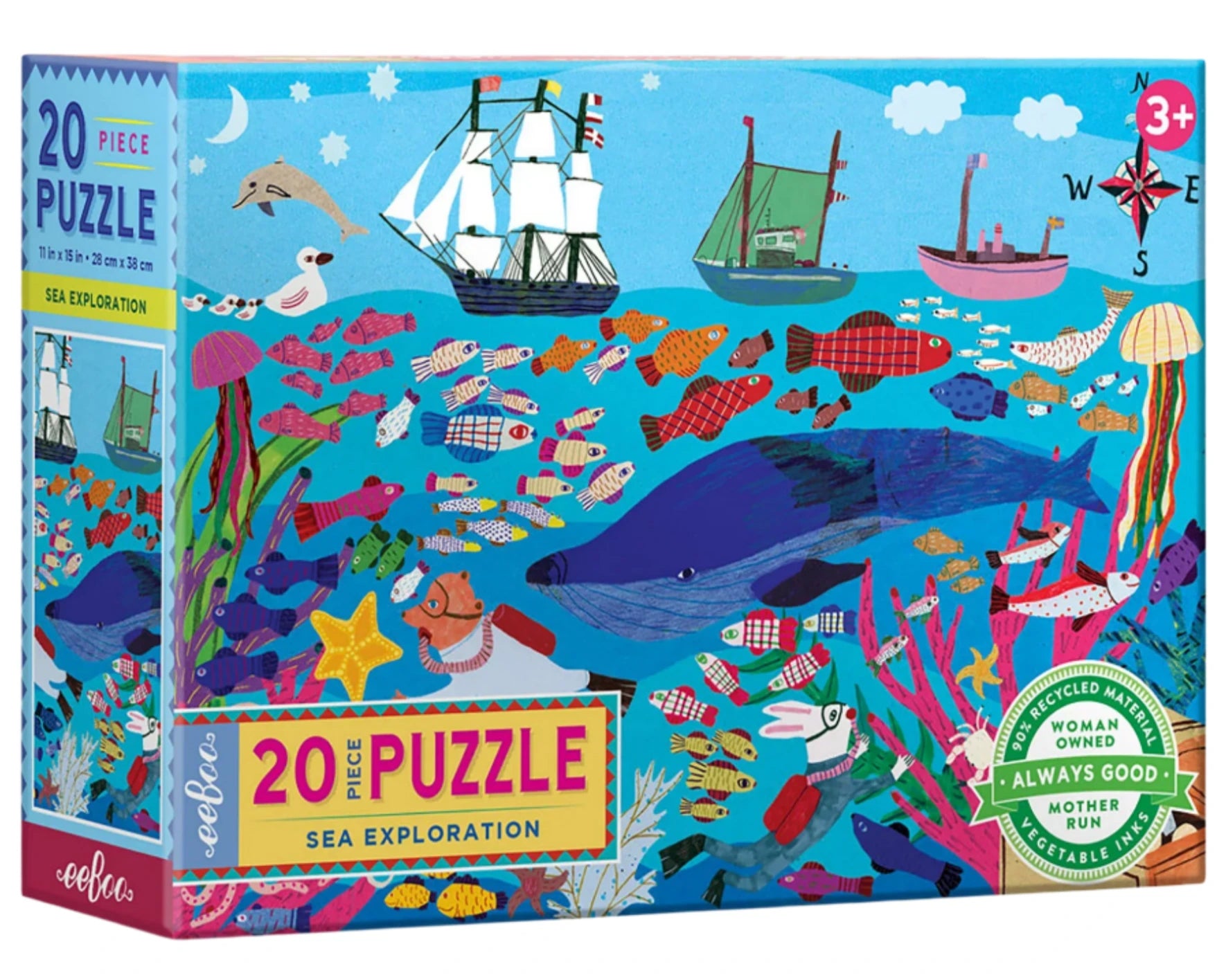 The Eeboo "Sea Exploration 20 Piece Big Puzzle" is designed for ages 3+ and features vibrant marine life, a big whale, fish, coral reefs, and a sailing ship above the ocean.
