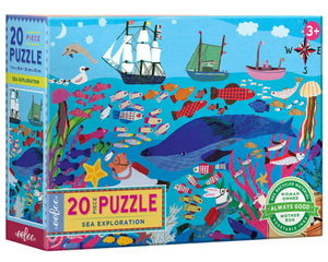 The Eeboo "Sea Exploration 20 Piece Big Puzzle" is designed for ages 3+ and features vibrant marine life, a big whale, fish, coral reefs, and a sailing ship above the ocean.