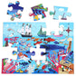 The Eeboo Sea Exploration 20 Piece Big Puzzle for kids features sea creatures, fish, a ship, a boat, a compass rose, and part of a treasure chest. Four colorful pieces are shown above this fun ocean-themed puzzle.
