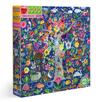 The Eeboo Tree of Life Puzzle is a colorful 1000-piece jigsaw set featuring a vibrant “Tree of Life” illustration with animals, flowers, and lush greenery on a dark blue background. Made from recycled materials, this eco-friendly puzzle is as beautiful as it is sustainable.