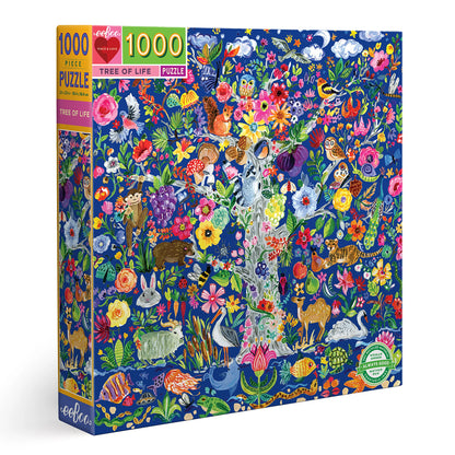 The Eeboo Tree of Life Puzzle is a colorful 1000-piece jigsaw set featuring a vibrant “Tree of Life” illustration with animals, flowers, and lush greenery on a dark blue background. Made from recycled materials, this eco-friendly puzzle is as beautiful as it is sustainable.