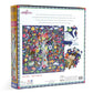 The back of the Tree of Life Puzzle box by Eeboo displays the vibrant, completed 1000-piece design filled with colorful animals and plants. The packaging emphasizes Eeboo’s dedication to sustainability, noting that the puzzle is crafted from recycled materials. A close-up image highlights three sturdy pieces alongside detailed product information.