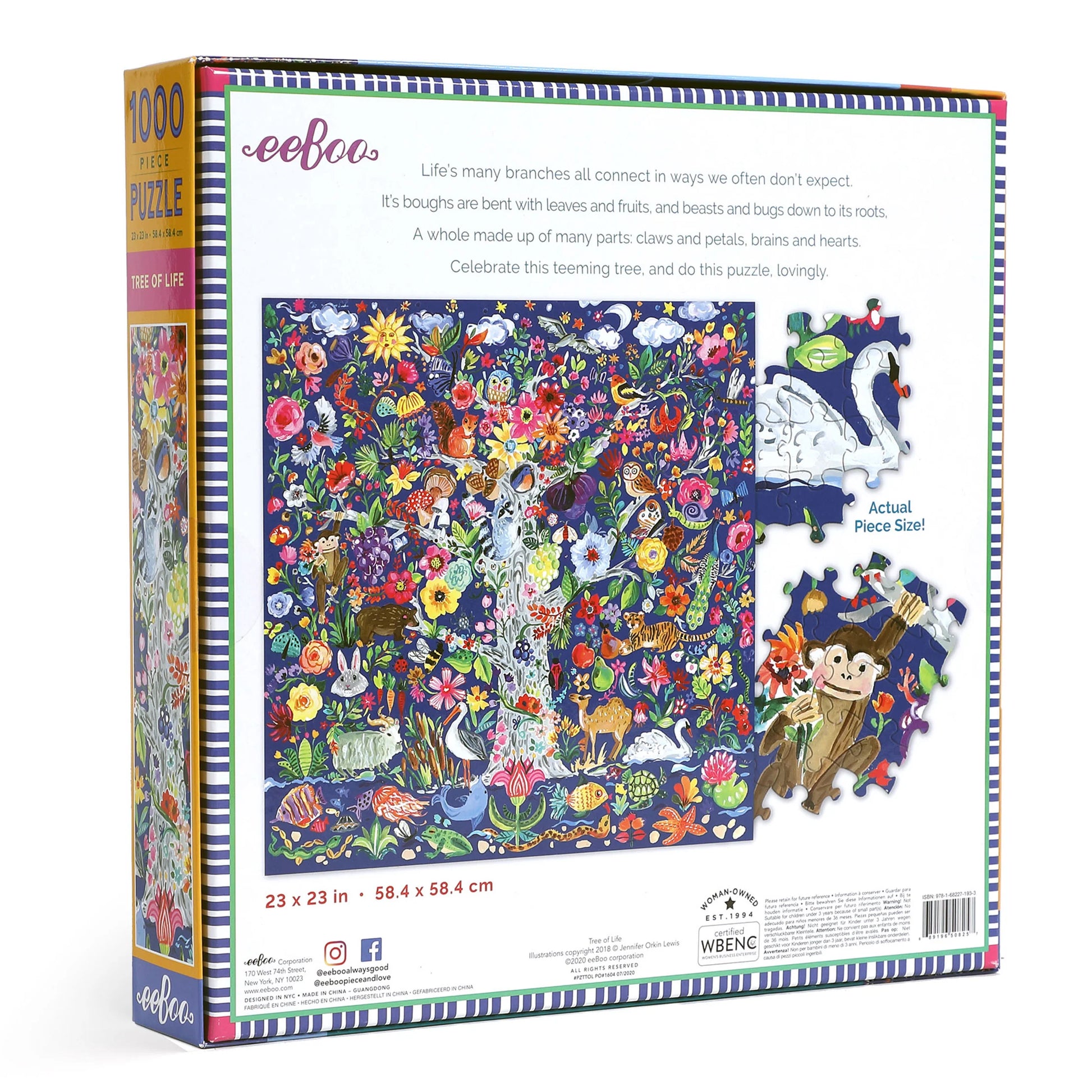 The back of the Tree of Life Puzzle box by Eeboo displays the vibrant, completed 1000-piece design filled with colorful animals and plants. The packaging emphasizes Eeboo’s dedication to sustainability, noting that the puzzle is crafted from recycled materials. A close-up image highlights three sturdy pieces alongside detailed product information.
