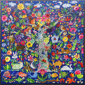 Bring home the Eeboo Tree of Life Puzzle—a vivid 1000 piece jigsaw puzzle featuring a colorful illustration of a tree filled with diverse animals and vibrant flowers against a blue background. Discover creatures like tigers, swans, owls, rabbits, and fish nestled in lush foliage—perfect for your next family activity.