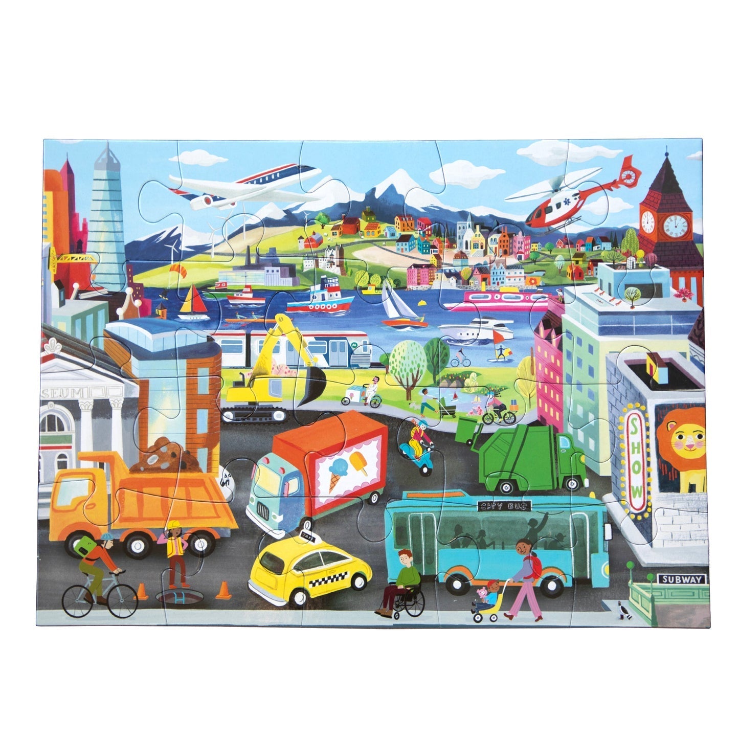 The Eeboo Vehicles 20 Piece Puzzle from Eeboo features a colorful illustration of a busy city scene with various vehicles, including taxis, trucks, buses, planes, and boats. It also depicts buildings, roads, and people engaging in different activities—making it the perfect jigsaw puzzle to enhance hand-eye coordination.