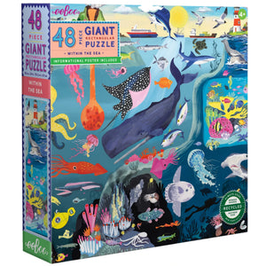 Eeboo's "Within the Sea 48 Piece Puzzle" is a colorful rectangular giant puzzle featuring illustrated sea creatures, a boat, and coral reefs—an educational activity for ages 4 and up.