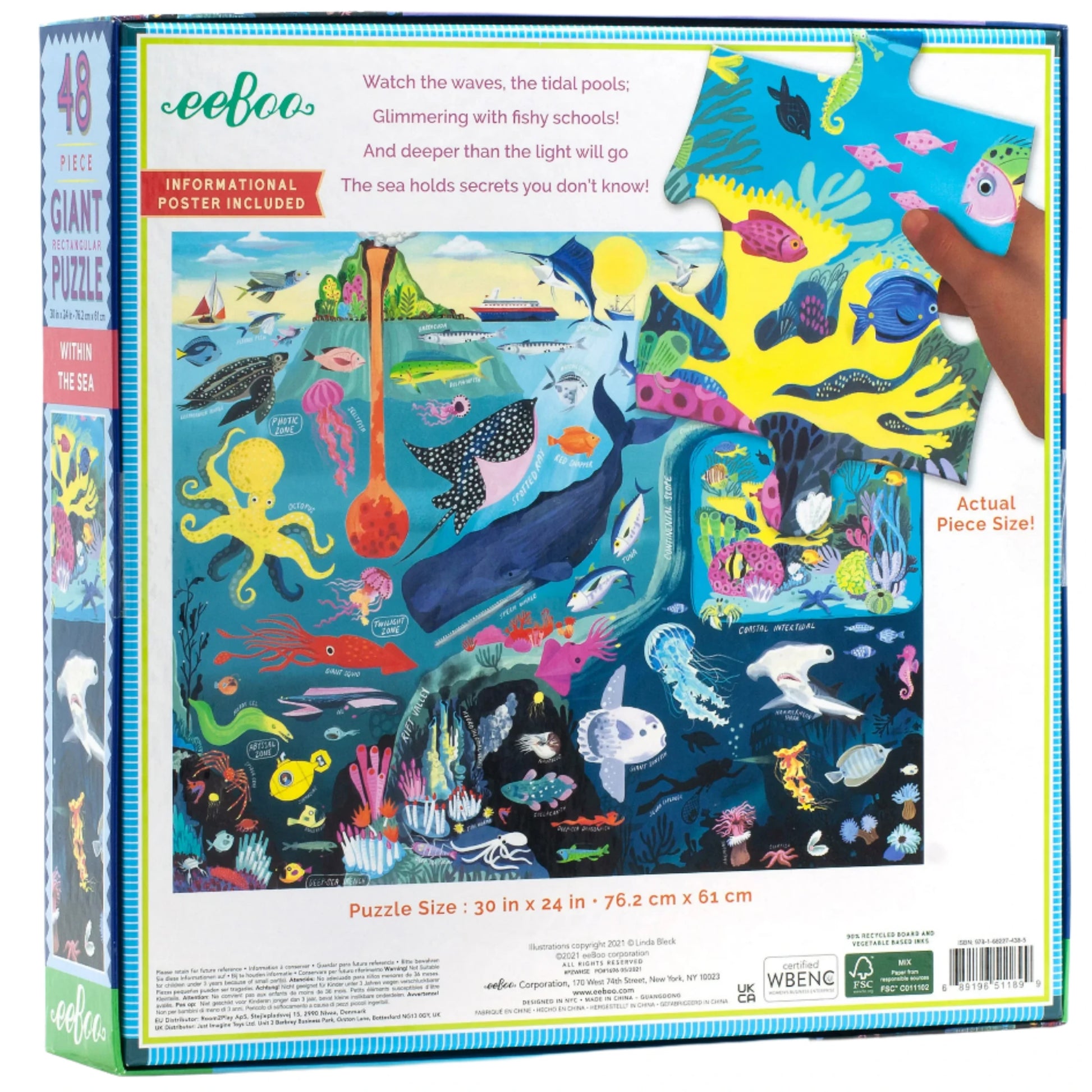 The back of the Eeboo "Within the Sea" 48 Piece Puzzle box displays a vibrant underwater scene, details about the puzzle, and a poem—making it a fun and educational activity for kids.
