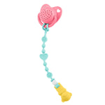 The Corolle Baby Pacifier with Sound features a pink pacifier with ventilation holes on a blue beaded clip adorned with heart shapes and a yellow bear-shaped clasp—an adorable Mon Grand Poupon accessory.