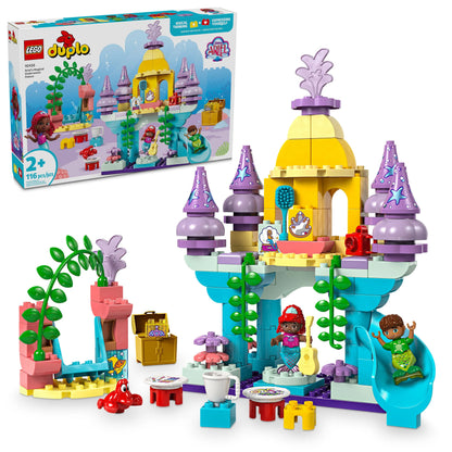 Embark on an adventurous journey with the LEGO® DUPLO® Ariel's Magical Underwater Palace playset by Legos - Toyhouse. This vibrant castle is equipped with turrets, a slide, cherished characters, and magical accessories. In the background, the beautifully displayed box adds to its charm.