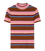 The Palazzo Top by Guest in Residence is a short-sleeved ribbed knit with pink, brown, red, yellow, and blue stripes. Featuring a crew neckline and regular fit, it's the perfect vacation-ready piece for effortless style.